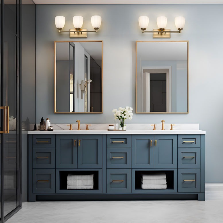 Bathroom lighting - gold vanity lights over double vanity | Lighting House Orillia