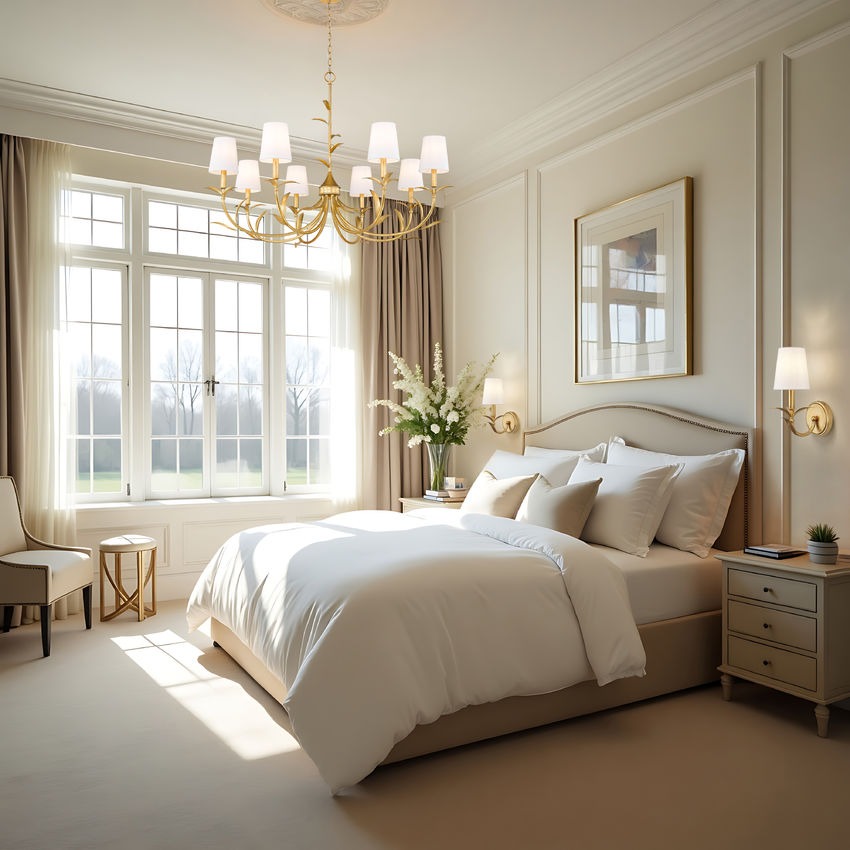 Bedroom lighting - gold chandelier and wall sconces in bedroom | Lighting House Orillia