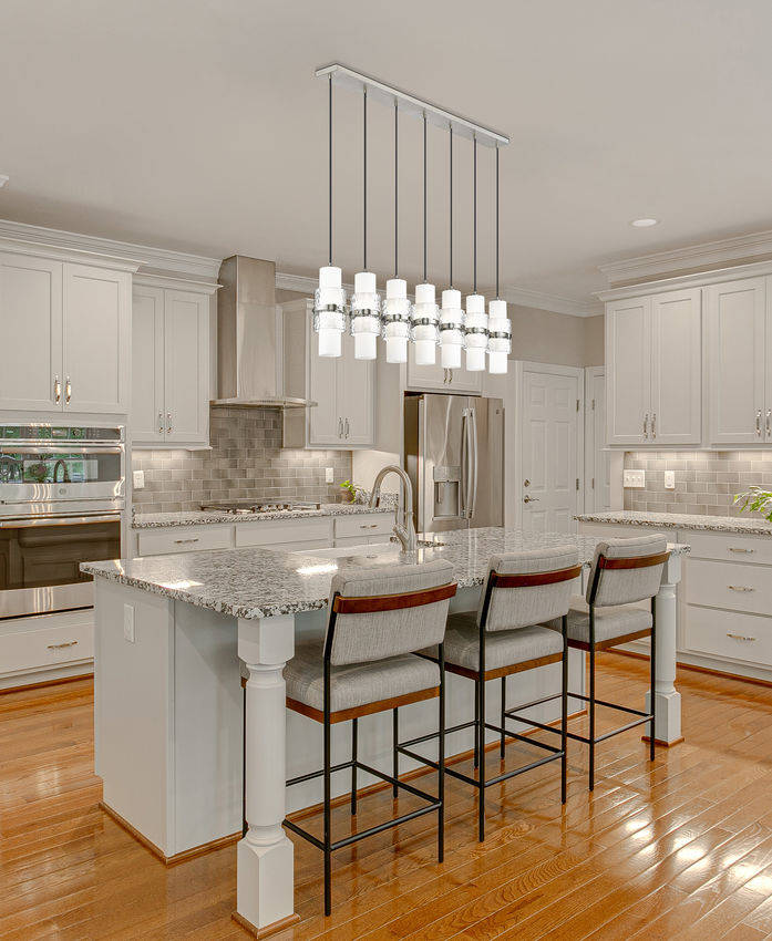 Z-Lite Cayden 7-Light Linear Chandelier, Brushed Nickel, Interior Lifestyle | Lighting House Orillia
